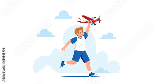 A young boy runs with a toy airplane against a background of clouds and blue sky