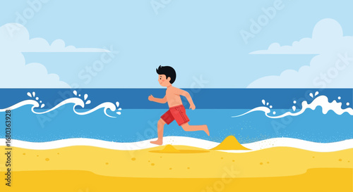 A young boy running on a sunny beach with waves, vector illustration
