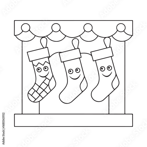 Three cute cartoon Christmas stockings hanging on a mantelpiece line art illustration holiday decoration