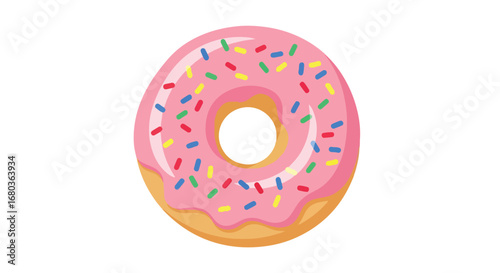 Whimsical vector graphic of a pink frosted doughnut adorned with vibrant colorful sprinkles on a white plain backdrop