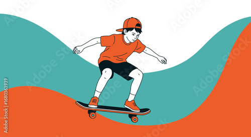 A young boy skateboarding depicted in a stylish illustration with vibrant colors and abstract background
