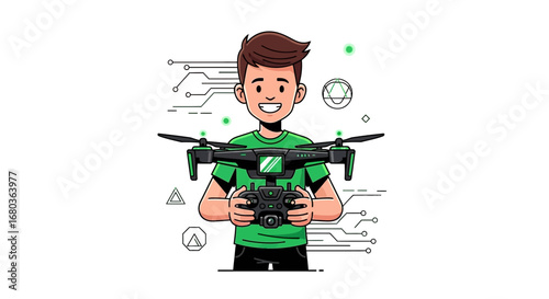 A young boy smiling while holding a drone and its remote control, modern technology