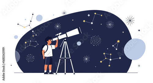 A Young Boy Stargazing Through Telescope at the Beautiful Night Sky