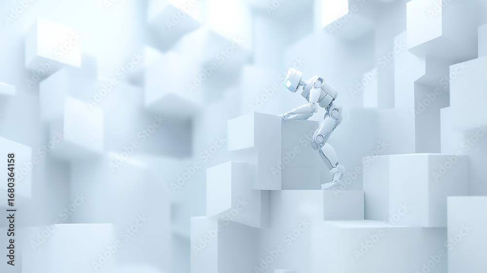 Obraz premium Robot Ascending Geometric Staircase in a Futuristic Environment