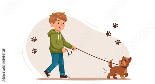 A young boy walking a small dog on a leash and spending great time outdoors with it.