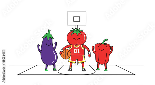 Vegetable Basketball Team Ready To Play, Illustrative Design With Fun Cartoon Characters