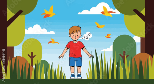 A Young Boy Whistles to Birds, Dancing in the Sky with Delightful Melody