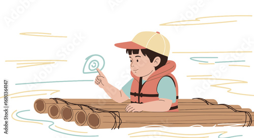 A young boy wearing a life vest enjoying time on a raft during a sunny day