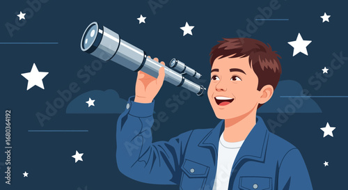 A young boy with a telescope looking up at the stars in a colorful illustration