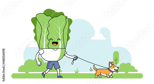 Vegetable Cabbage Character Walking A Dog In A Park, Fun and Happy Lifestyle