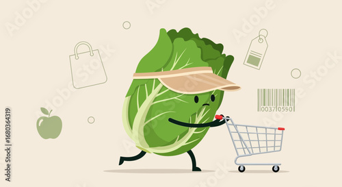 Vegetable Character Pushing Shopping Cart, Representing Healthy Eating and Grocery Shopping
