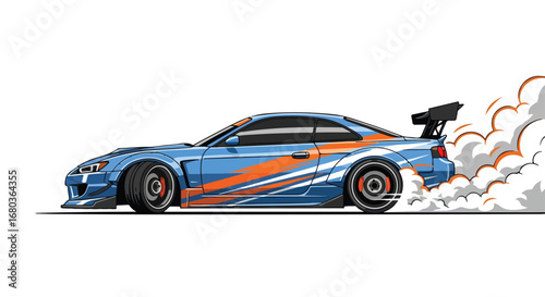 Stylized blue and orange drift car illustration with dynamic smoke trail and exaggerated features showcases speed and vibrant design aesthetics