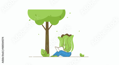 Vegetable Character Reading Under A Tree's Shade In A Relaxing Nature Setting