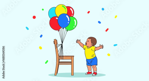 A young child celebrates with colorful balloons and confetti during a birthday or party event