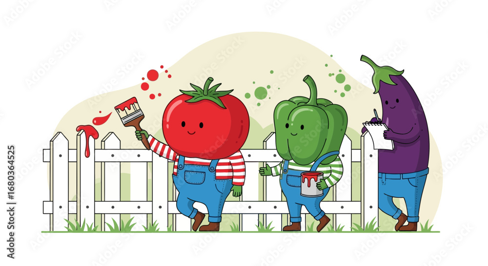 Fototapeta premium Vegetable Crew Collaborate And Paint The Fence Together, Expressing Teamwork And Art
