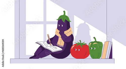 Vegetable Friends Contemplate Creativity and Plan Art Projects in Cozy Window