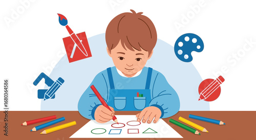A Young Child Enjoys Creative Playtime Drawing Shapes Using Colorful Pencils