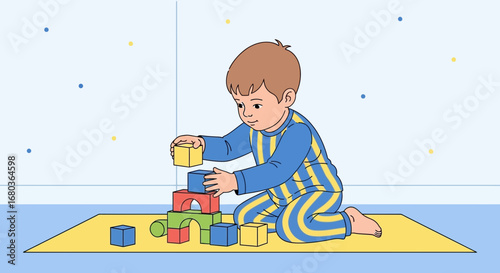 A Young Child Focused And Joyful As He Builds A Tower With Colorful Wooden Blocks