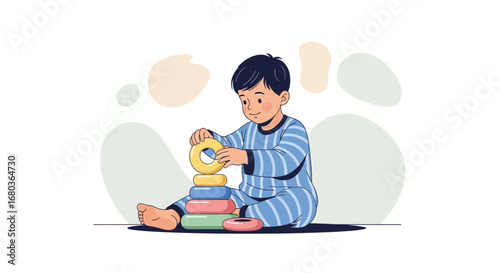 A young child is having fun playing with a colorful toy pyramid in the illustration