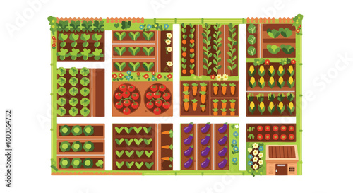 Stylized aerial view of a vibrant kitchen garden showcasing diverse crop cultivation and small hothouse in orthogonal arrangement