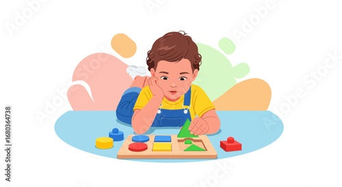 A young child is playing with a shape sorting puzzle, learning and having fun