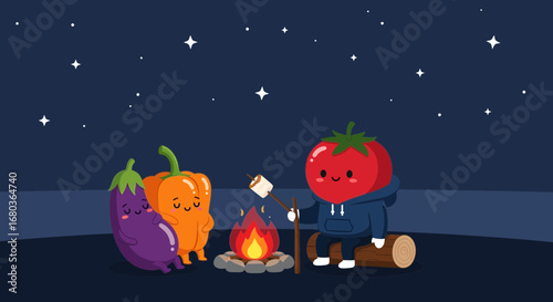 Vegetable Friends Gathering Around Campfire Enjoying The Delightful Night Sky