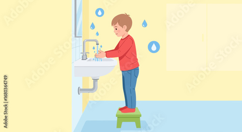 A Young Child Is Seen Washing Hands While Standing on A Stool Near Bathroom Sink