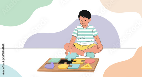 A young child is sitting while playing with a puzzle on the floor, vector illustration