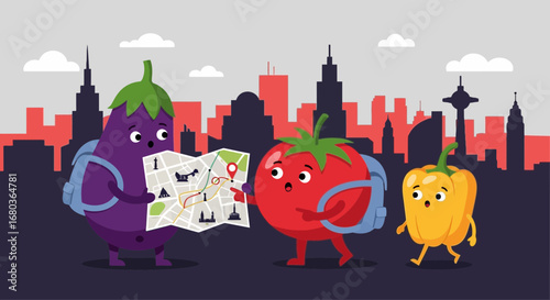Vegetable Friends Exploring the Metropolis: An Adventurous Culinary Cityscape Journey.
