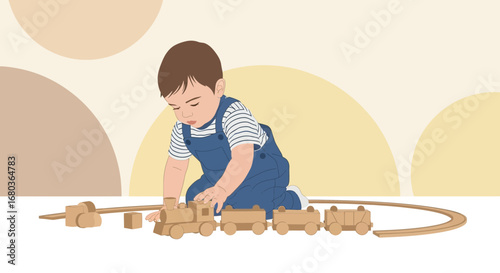 A Young Child Joyfully Playing With Toy Train On A Playful And Scenic Artwork