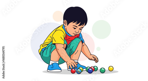 A Young Child Kneeling Down Playing With Marbles In A Colorful Cartoon Illustration