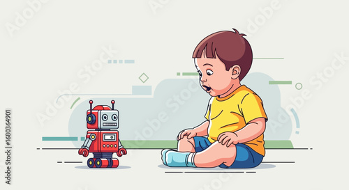 A young child looks with wonder and amazement at a cute red robot toy