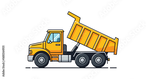 Cheerful cartoon illustration portraying a vibrant yellow dump truck in action isolated against a clean white background construction equipment