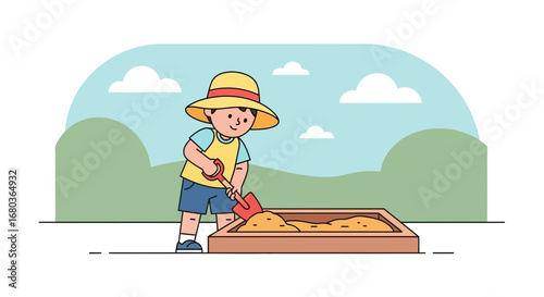 A Young Child Playing In A Sandbox, Enjoying The Outdoors On A Beautiful Day