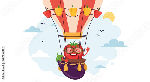 Vegetable Jamboree Soars in the Sky: A Whimsical Adventure with a Smiling Tomato and Friends