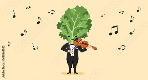 Vegetable Musician Playing Violin With Musical Notes Floating Elegantly Around