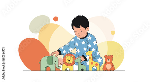 A young child playing with animal toys a cute illustration in minimalistic style