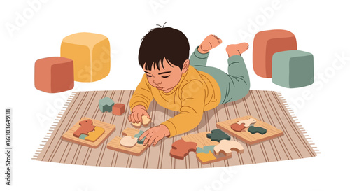 A young child playing with a wooden puzzle on a rug in an illustration style