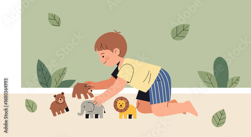 A young child playing with animal toys on the floor in a playful illustration