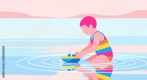 A young child plays with a toy boat in a body of water enjoying the sunny day