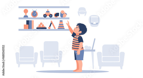 A Young Child Reaching Upward To Toys On A Shelf In Their Playful Room