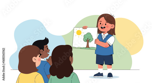 A young child presents a drawing to a group of children in an educational setting
