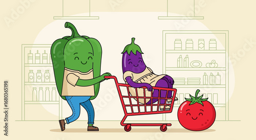 Vegetable Shopping Trip With A Smiling Green Pepper And Relaxed Eggplant