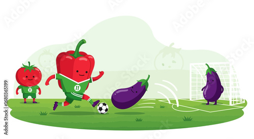 Vegetable Soccer Match: Cheerful Bell Pepper, Tomatoes, and Eggplant Play Football