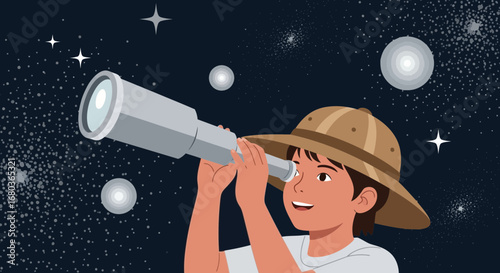 A Young Explorer Gazing at the Stars Through a Telescope in the Dark Night Sky