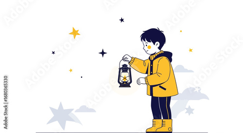 A Young Explorer Carries A Lantern Revealing A Night Sky Full Of Stars And Wonder