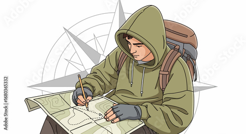 A Young Explorer Planning A Trail, Study The Map to Find The Destination In Nature