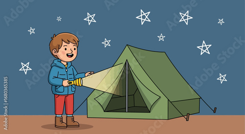 A Young Explorer Shining a Flashlight at Tent Under a Starry Midnight Sky