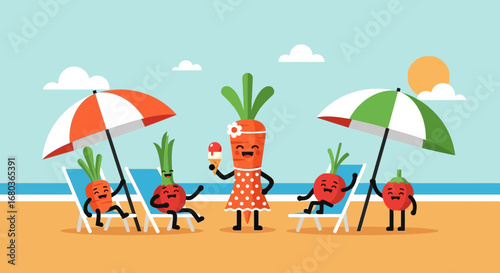 Vegetable Vacation Carrots And Radishes Sunbathing Relaxing In Tropical Beach