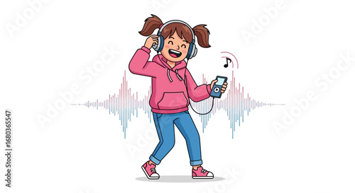 A Young Girl Delightedly Listening To Music Using Headphones and a Digital Music Player